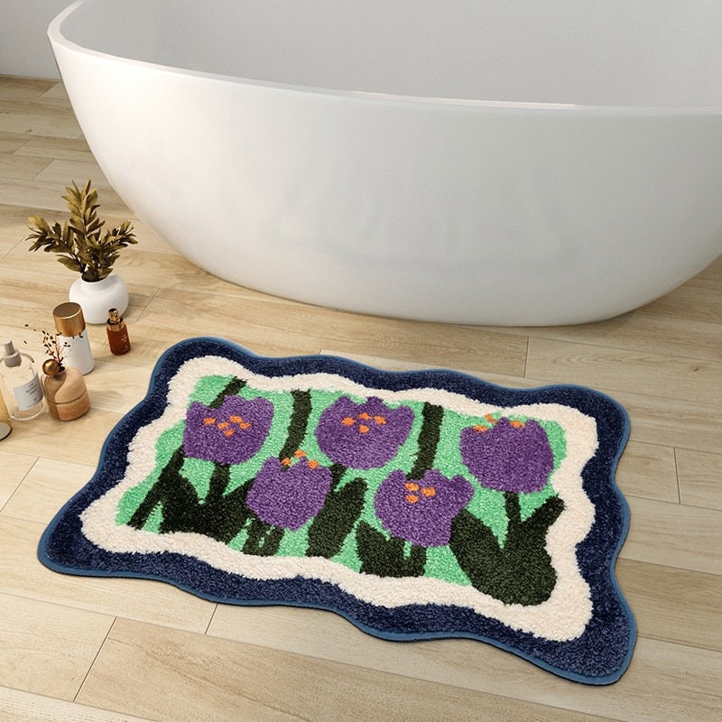 Bunte Blumen Badezimmermatte, Orange Flora Weicher Badezimmerteppich, Gewebte Badematte, Lila Tulpe Wasserabsorbierende Rutschfeste Badematte