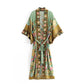 Baumwolle Kimono Boho Vintage Baumwolle Pfauenblumenmuster Druck Gürtel Frauen Bohemian V-Ausschnitt Fledermausärmel Robe Kimono, Geschenk für sie