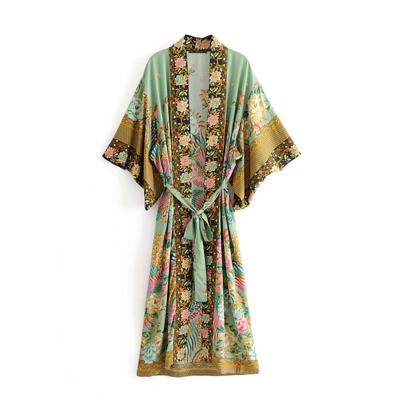 Baumwolle Kimono Boho Vintage Baumwolle Pfauenblumenmuster Druck Gürtel Frauen Bohemian V-Ausschnitt Fledermausärmel Robe Kimono, Geschenk für sie