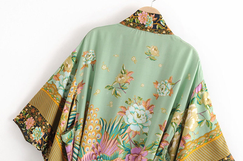 Baumwolle Kimono Boho Vintage Baumwolle Pfauenblumenmuster Druck Gürtel Frauen Bohemian V-Ausschnitt Fledermausärmel Robe Kimono, Geschenk für sie