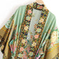 Baumwolle Kimono Boho Vintage Baumwolle Pfauenblumenmuster Druck Gürtel Frauen Bohemian V-Ausschnitt Fledermausärmel Robe Kimono, Geschenk für sie