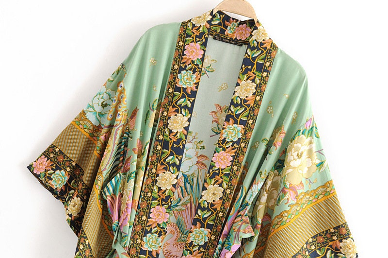 Baumwolle Kimono Boho Vintage Baumwolle Pfauenblumenmuster Druck Gürtel Frauen Bohemian V-Ausschnitt Fledermausärmel Robe Kimono, Geschenk für sie