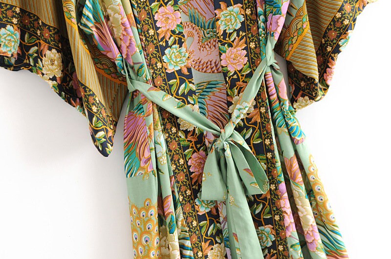 Baumwolle Kimono Boho Vintage Baumwolle Pfauenblumenmuster Druck Gürtel Frauen Bohemian V-Ausschnitt Fledermausärmel Robe Kimono, Geschenk für sie