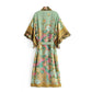 Baumwolle Kimono Boho Vintage Baumwolle Pfauenblumenmuster Druck Gürtel Frauen Bohemian V-Ausschnitt Fledermausärmel Robe Kimono, Geschenk für sie