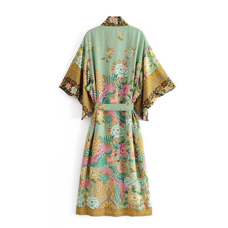Baumwolle Kimono Boho Vintage Baumwolle Pfauenblumenmuster Druck Gürtel Frauen Bohemian V-Ausschnitt Fledermausärmel Robe Kimono, Geschenk für sie