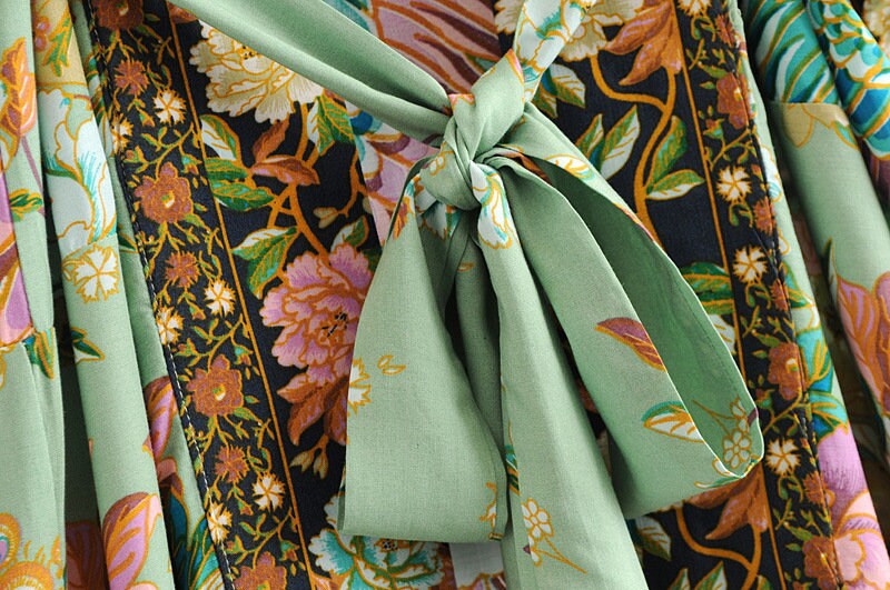 Baumwolle Kimono Boho Vintage Baumwolle Pfauenblumenmuster Druck Gürtel Frauen Bohemian V-Ausschnitt Fledermausärmel Robe Kimono, Geschenk für sie
