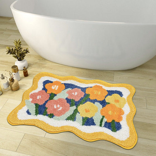 Bunte Blumen Badezimmermatte, Orange Flora Weicher Badezimmerteppich, Gewebte Badematte, Lila Tulpe Wasserabsorbierende Rutschfeste Badematte
