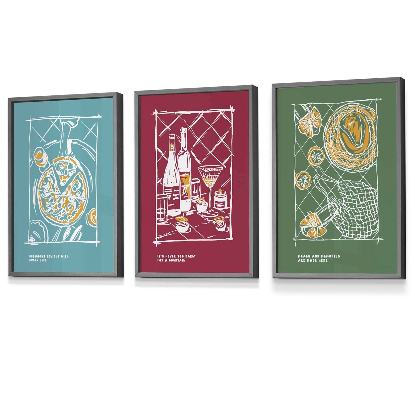 Gerahmtes Set von 3 Skizzen Linien Kunst Küchen Zitat Drucke in Herbstfarben