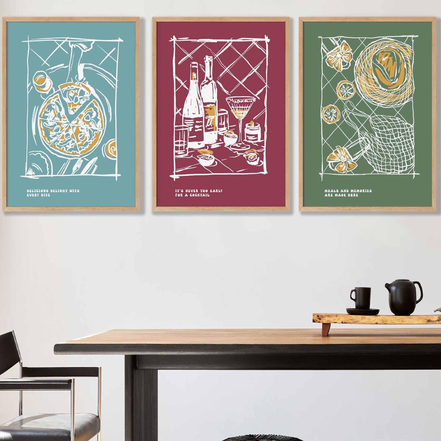 Gerahmtes Set von 3 Skizzen Linien Kunst Küchen Zitat Drucke in Herbstfarben