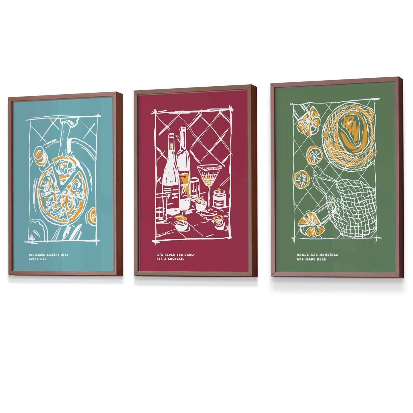 Gerahmtes Set von 3 Skizzen Linien Kunst Küchen Zitat Drucke in Herbstfarben