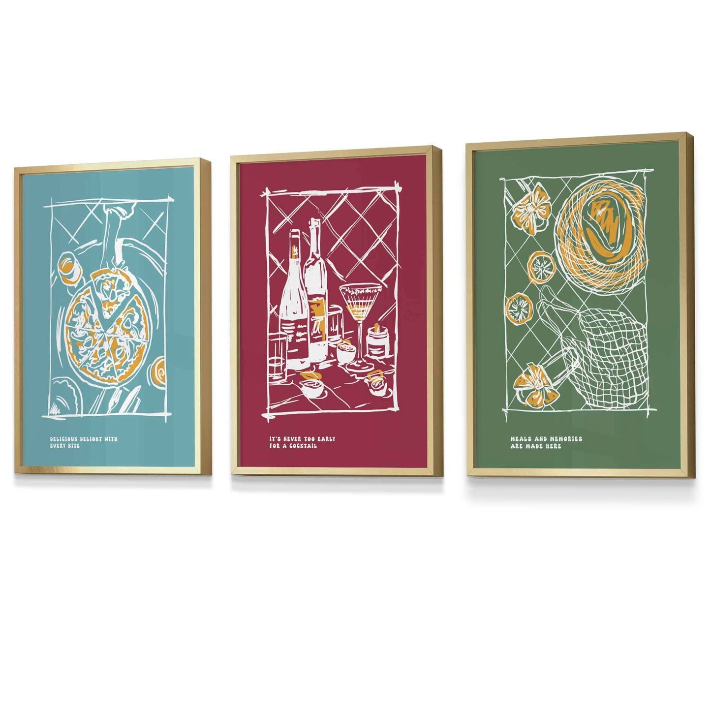 Gerahmtes Set von 3 Skizzen Linien Kunst Küchen Zitat Drucke in Herbstfarben