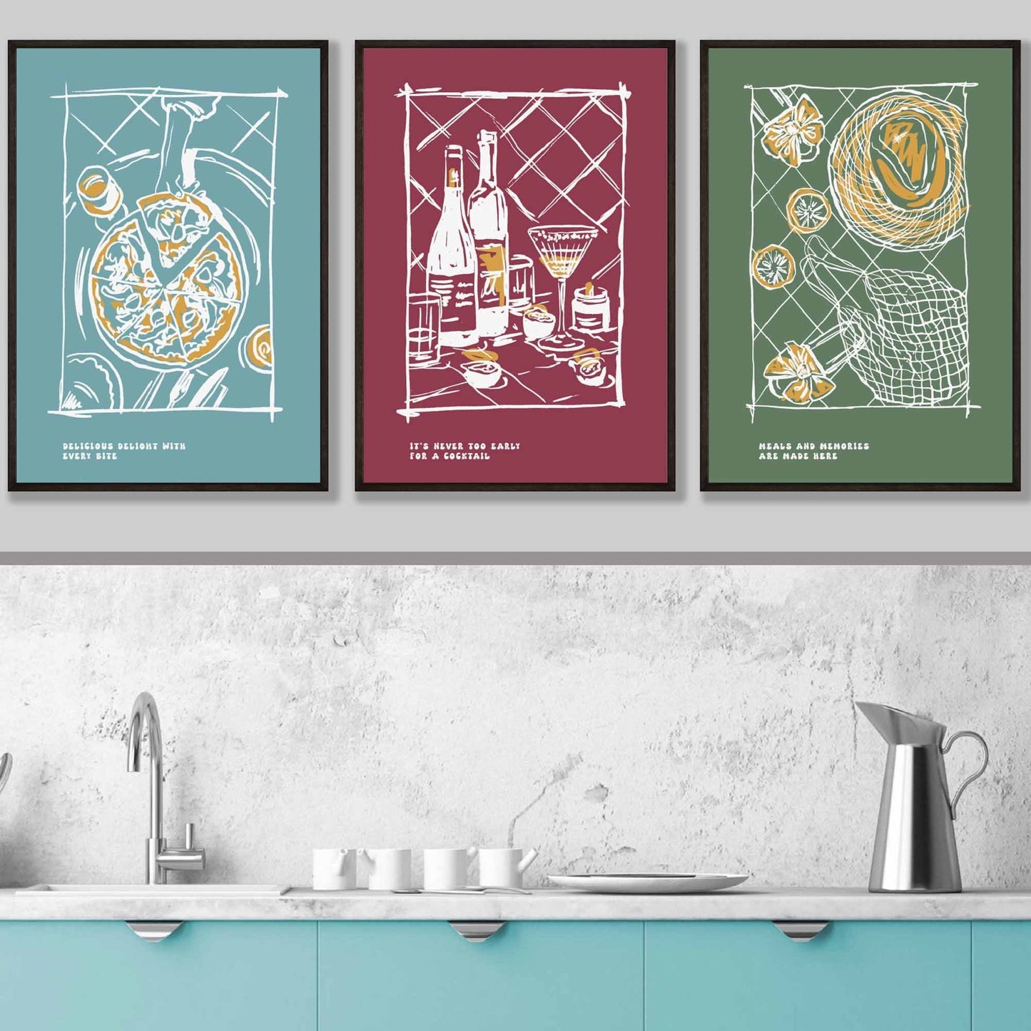 Gerahmtes Set von 3 Skizzen Linien Kunst Küchen Zitat Drucke in Herbstfarben