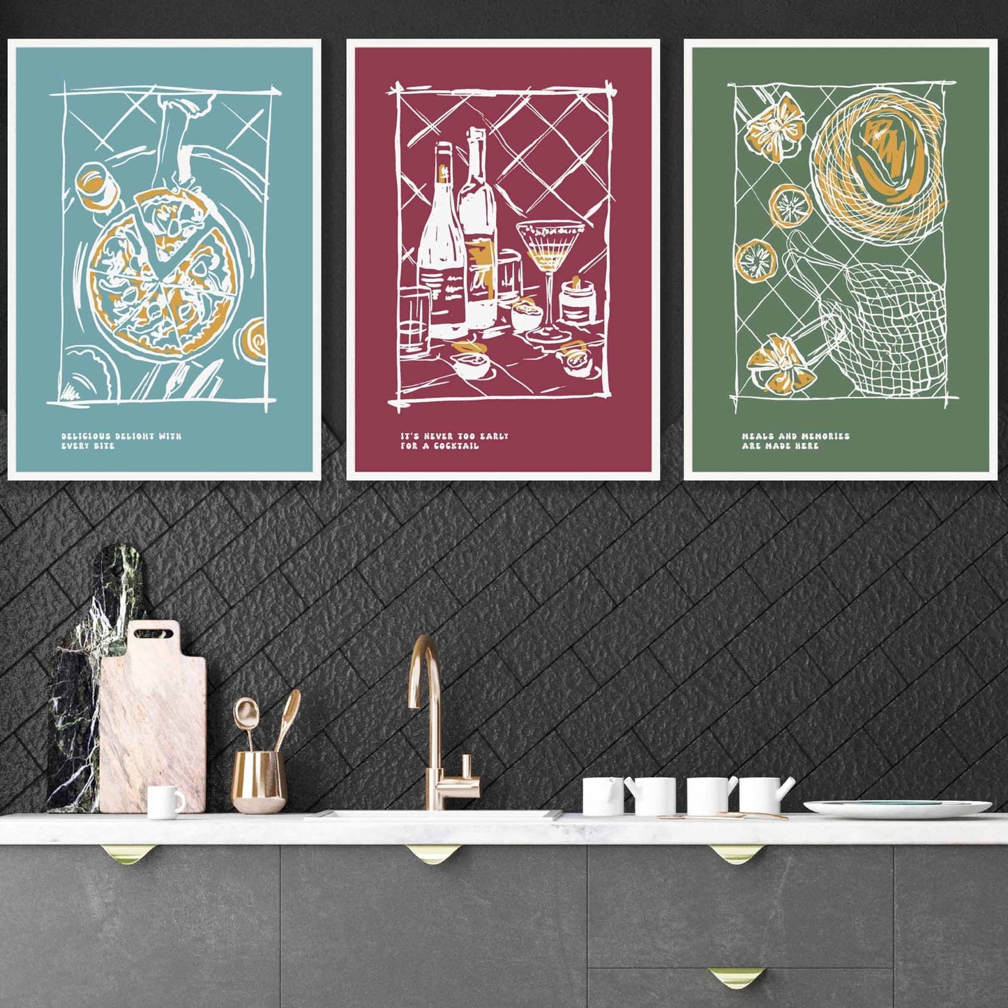 Gerahmtes Set von 3 Skizzen Linien Kunst Küchen Zitat Drucke in Herbstfarben