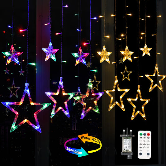 Quntis 138 LED 12-Stern Multicolor Weihnachtsvorhanglichter – Festliche Sternendekoration für Feiertags- und Weihnachtsdekoration