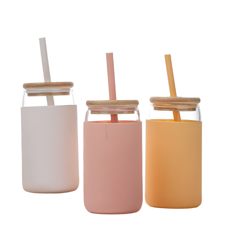 Frendorf | 16oz Glas Getränk Tee Cocktail Glas Kaffeetasse Trinkgläser mit Bambusdeckeln und Glasstrohhalm Set