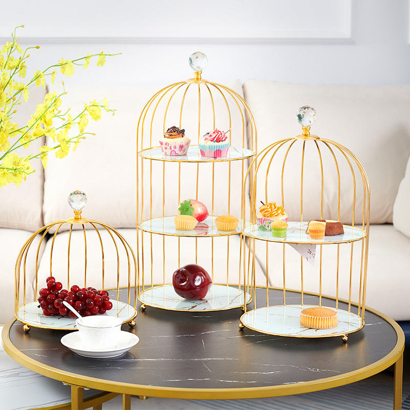 Frendorf | 2-Tier Marmor Dessertständer mit Metallvogelkäfig - Elegante Kuchen- & Snackpräsentation