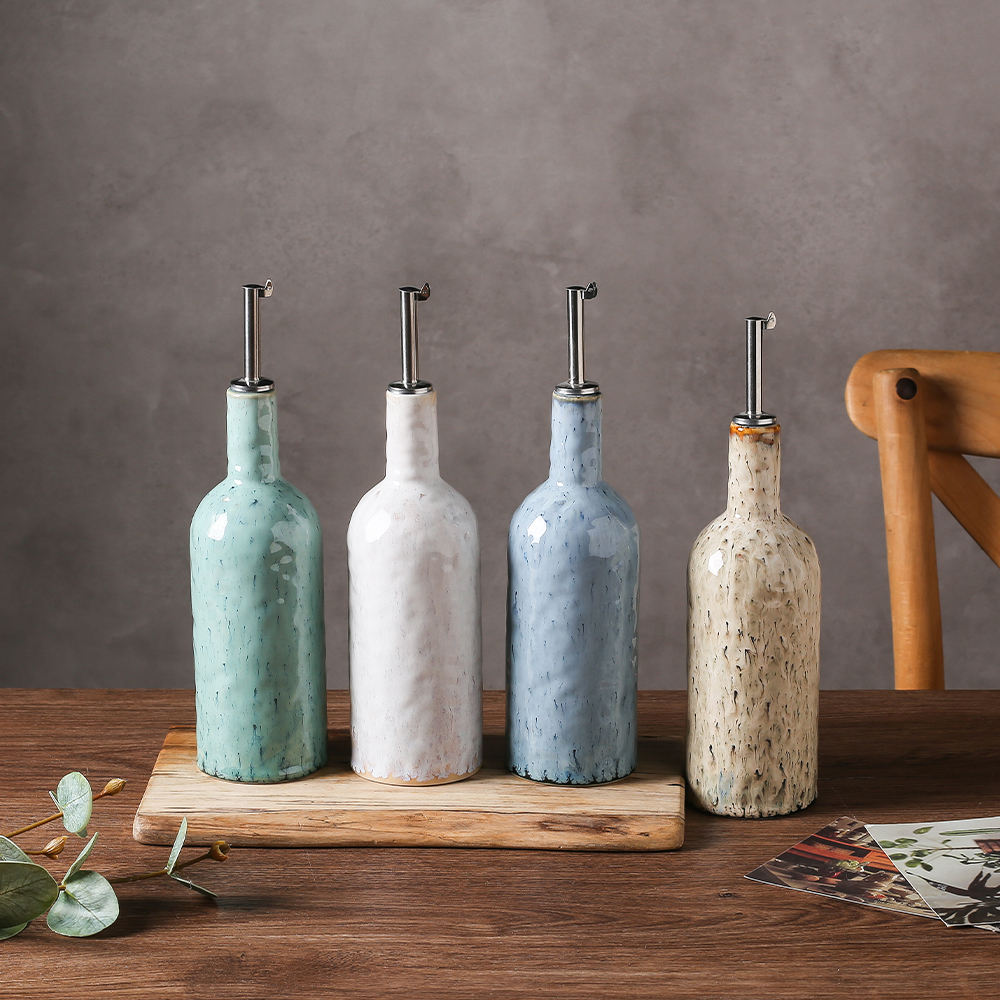 Frendorf | Beige Home Kitchen Auslaufsichere Flüssigkeitsgewürzölflasche 400ml Keramische Sojasaucenflasche Keramisch mit Edelstahlausguss