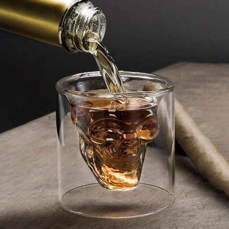 Frendorf | Handgefertigtes doppelwandiges Totenkopfglas - 250ml Halloween-Party-Geschirr, amerikanischer Stil