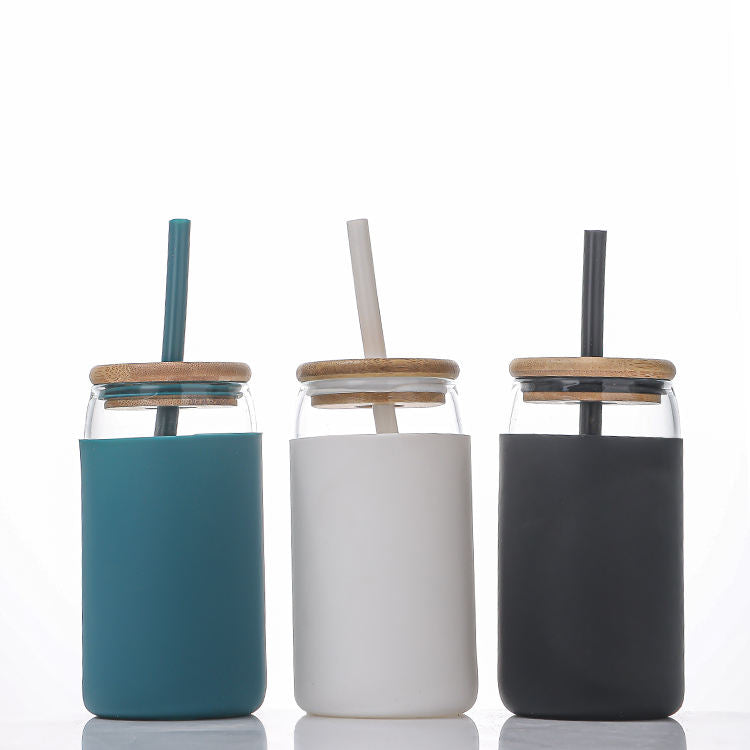 Frendorf | 16oz Glas Getränk Tee Cocktail Glas Kaffeetasse Trinkgläser mit Bambusdeckeln und Glasstrohhalm Set