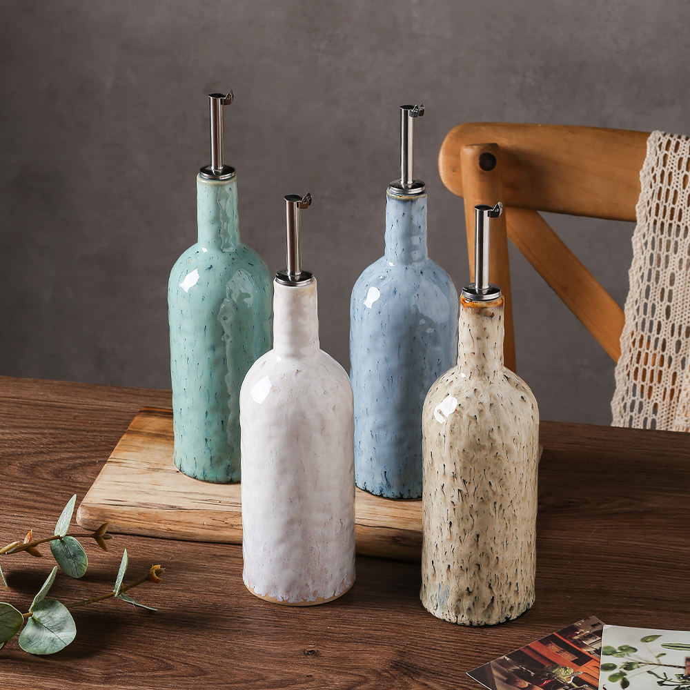 Frendorf | Beige Home Kitchen Auslaufsichere Flüssigkeitsgewürzölflasche 400ml Keramische Sojasaucenflasche Keramisch mit Edelstahlausguss
