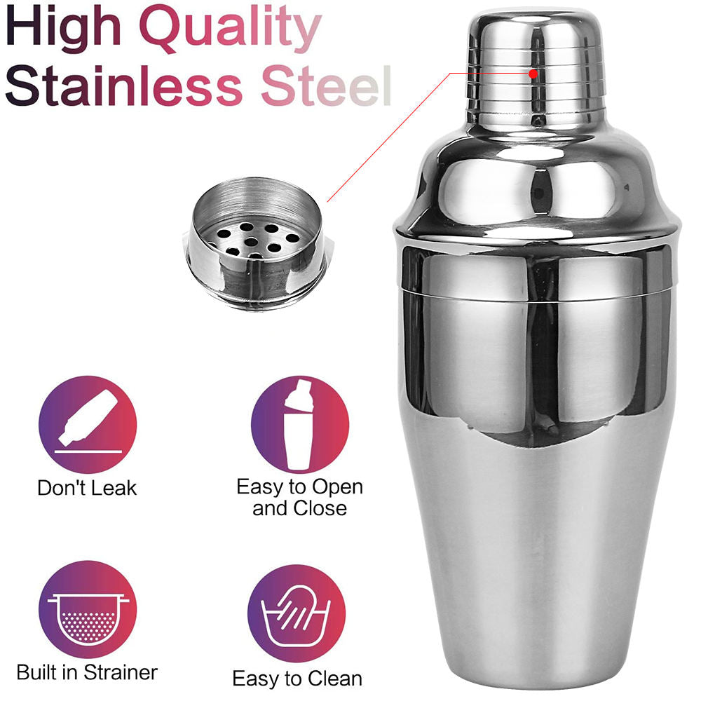 Frendorf | Cocktail Shaker Set Silber Barkeeper - Professionelles Edelstahl Barwerkzeug Set mit Zubehör zum Mixen von Getränken zu Hause oder in der Bar - 750ml Kapazität