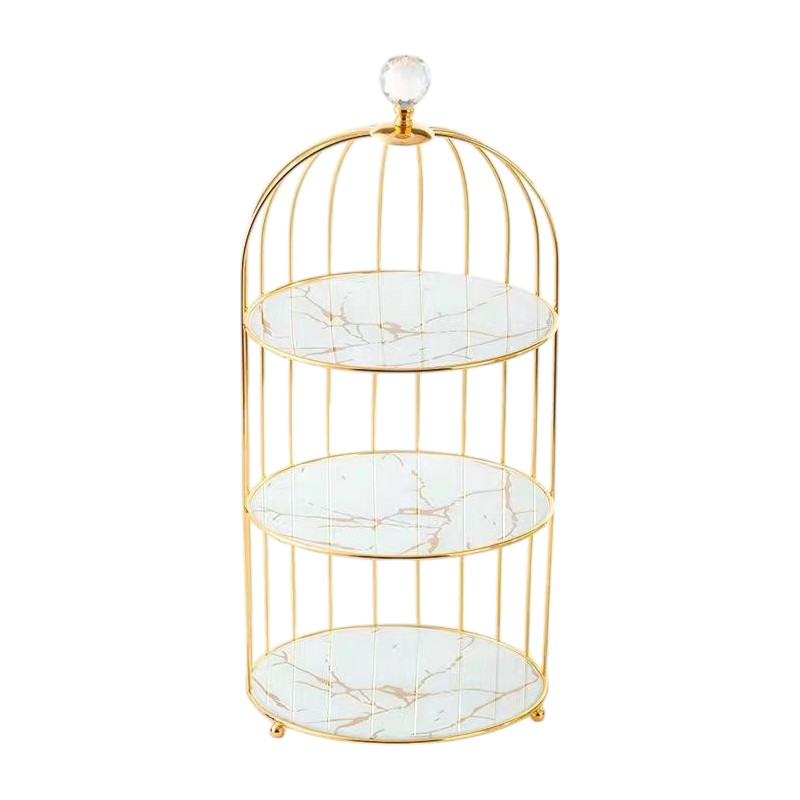 Frendorf | 2-Tier Marmor Dessertständer mit Metallvogelkäfig - Elegante Kuchen- & Snackpräsentation