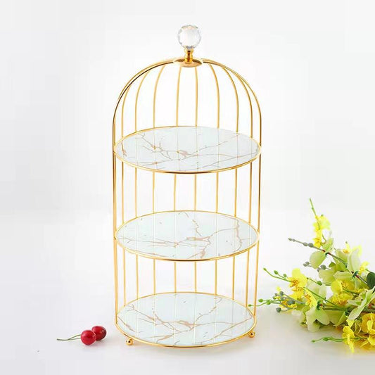 Frendorf | 2-Tier Marmor Dessertständer mit Metallvogelkäfig - Elegante Kuchen- & Snackpräsentation
