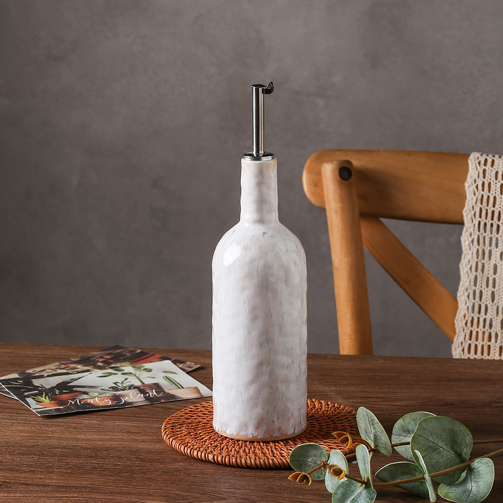 Frendorf | Beige Home Kitchen Auslaufsichere Flüssigkeitsgewürzölflasche 400ml Keramische Sojasaucenflasche Keramisch mit Edelstahlausguss