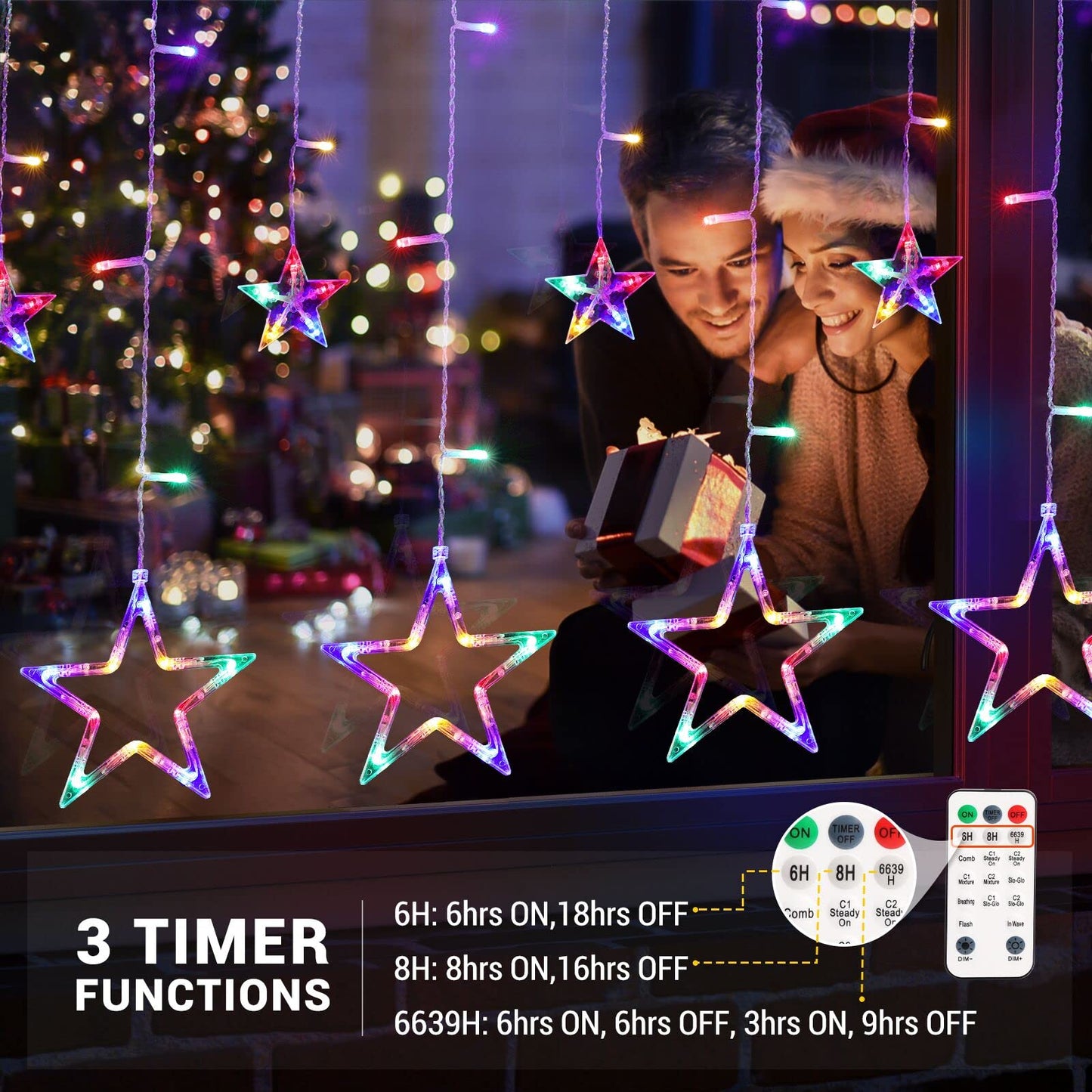 Quntis 138 LED 12-Stern Multicolor Weihnachtsvorhanglichter – Festliche Sternendekoration für Feiertags- und Weihnachtsdekoration