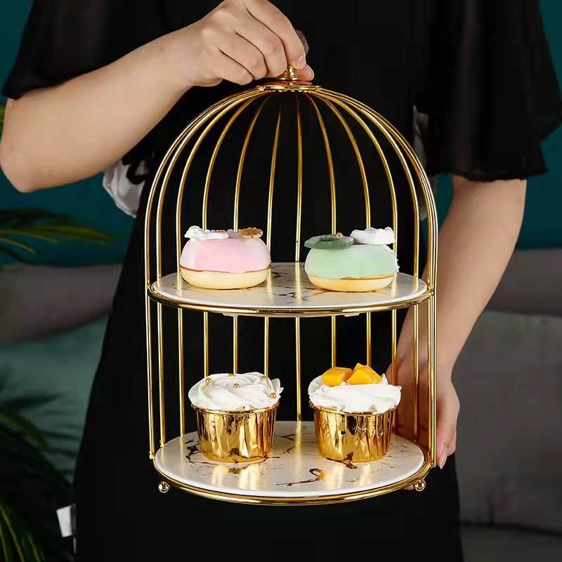 Frendorf | 2-Tier Marmor Dessertständer mit Metallvogelkäfig - Elegante Kuchen- & Snackpräsentation