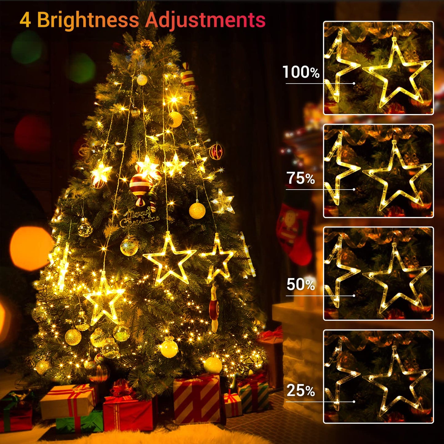 Quntis 138 LED 12-Stern Multicolor Weihnachtsvorhanglichter – Festliche Sternendekoration für Feiertags- und Weihnachtsdekoration