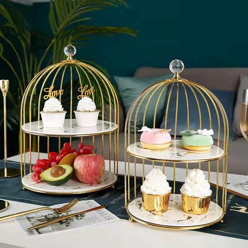Frendorf | 2-Tier Marmor Dessertständer mit Metallvogelkäfig - Elegante Kuchen- & Snackpräsentation