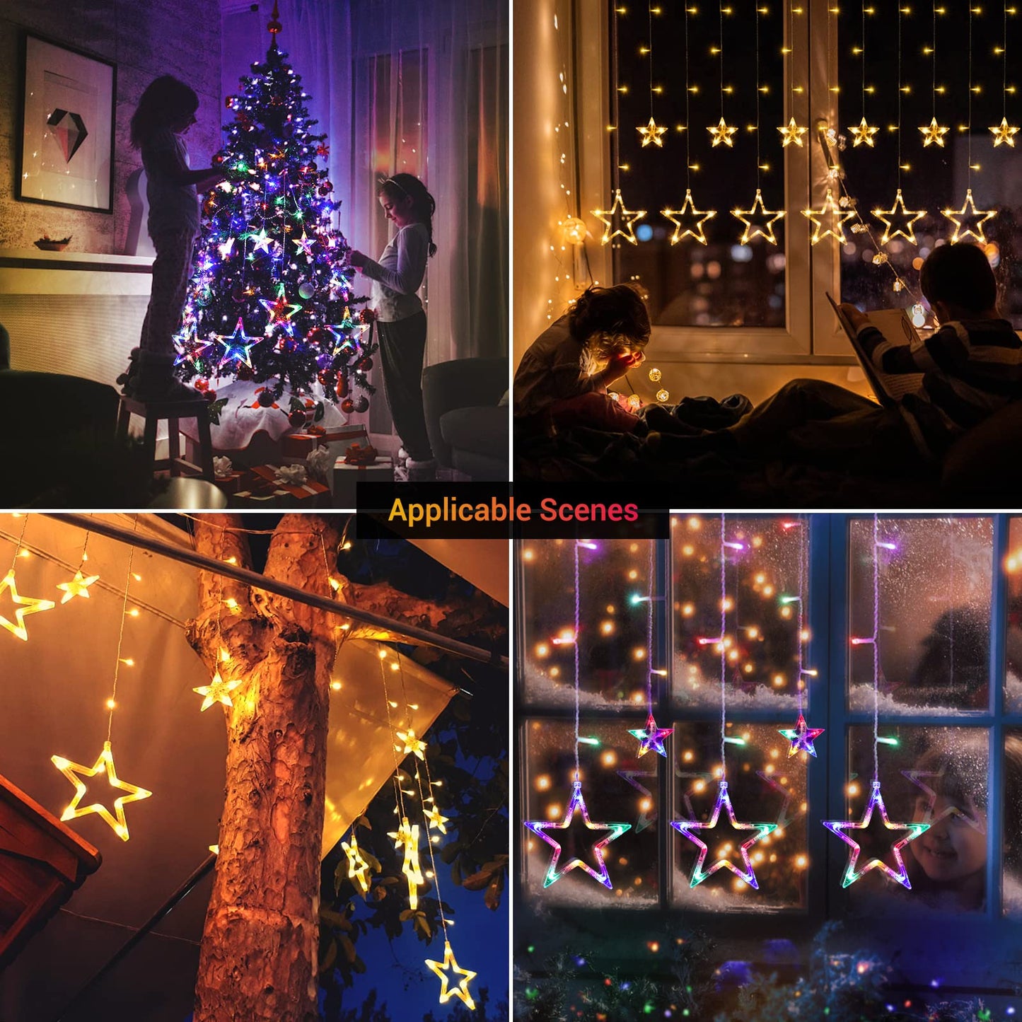 Quntis 138 LED 12-Stern Multicolor Weihnachtsvorhanglichter – Festliche Sternendekoration für Feiertags- und Weihnachtsdekoration