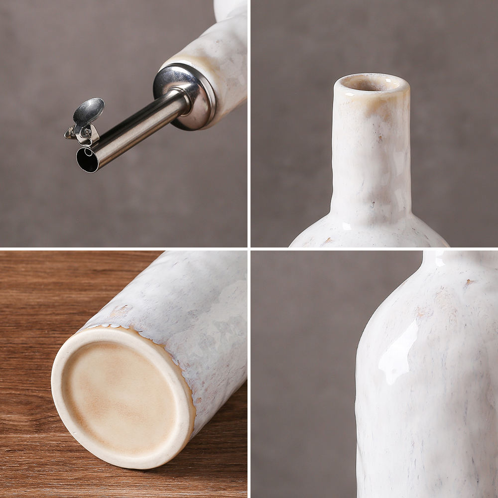 Frendorf | Beige Home Kitchen Auslaufsichere Flüssigkeitsgewürzölflasche 400ml Keramische Sojasaucenflasche Keramisch mit Edelstahlausguss