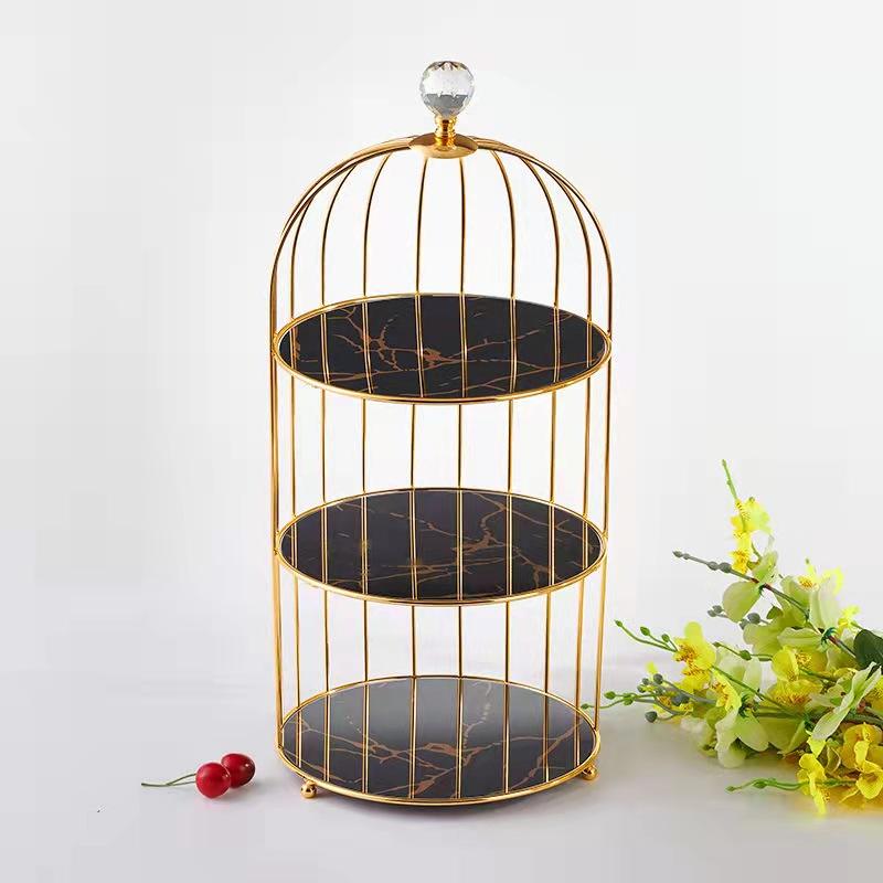 Frendorf | 2-Tier Marmor Dessertständer mit Metallvogelkäfig - Elegante Kuchen- & Snackpräsentation