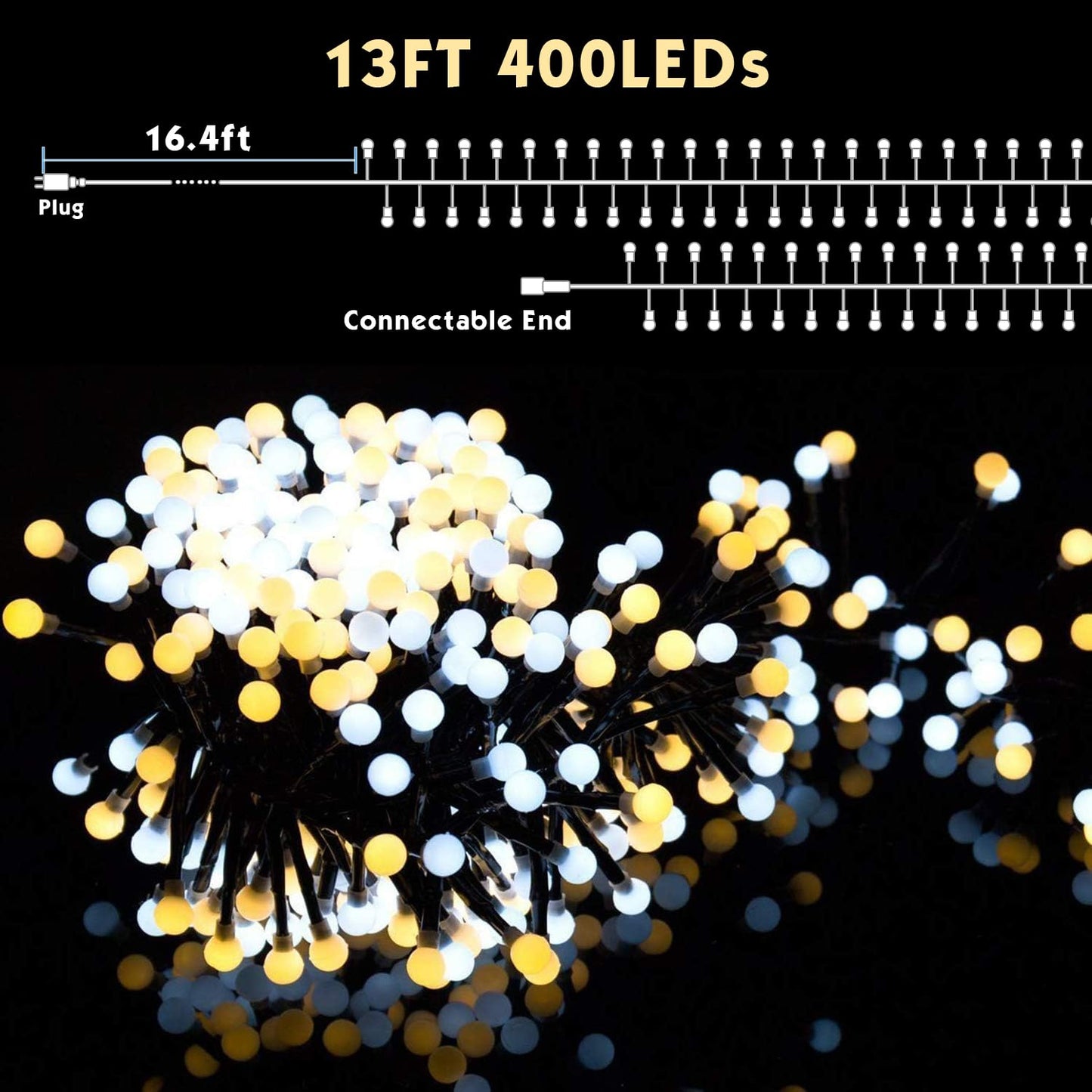 Quntis 400 LED 13FT Cluster Weihnachtslichter Plug-in, Blau & Gelb Globe Weihnachtslicht Dekoration für Innen Außen Weihnachtsbaum Schlafzimmer Hochzeit Party (8 Funkelmodus, anschließbar, wasserdicht)