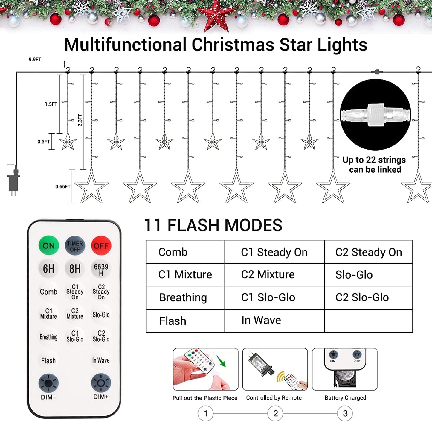 Quntis 138 LED 12-Stern Multicolor Weihnachtsvorhanglichter – Festliche Sternendekoration für Feiertags- und Weihnachtsdekoration