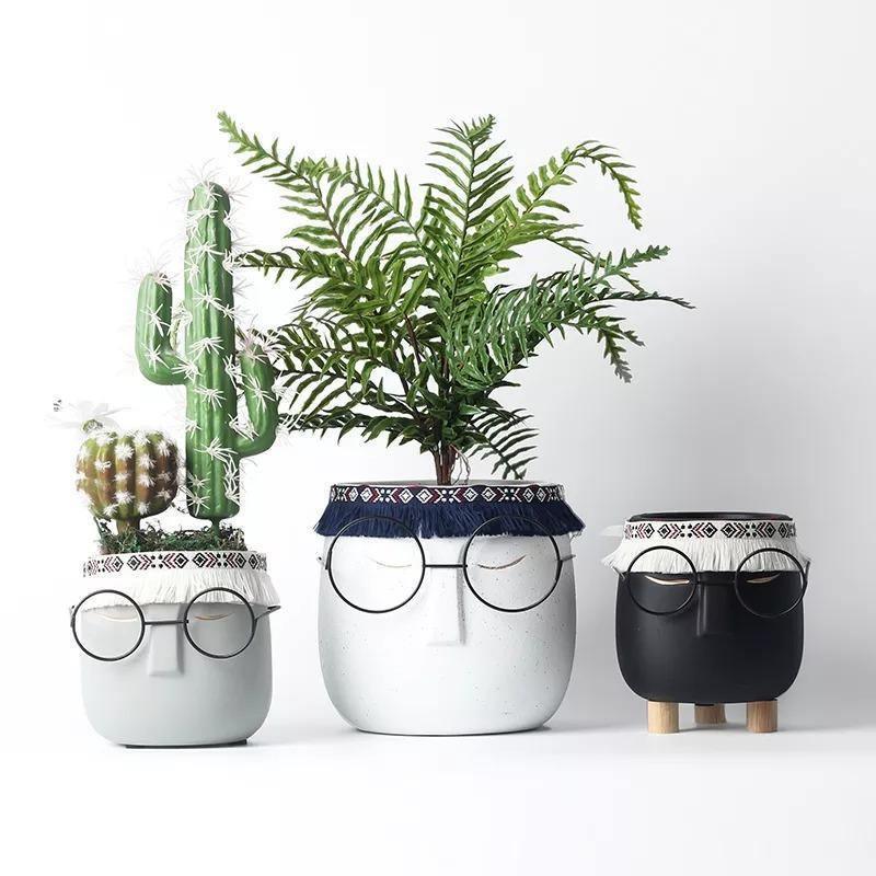 Frendorf | FaceArt Keramik Blumentopf mit Brille & Stirnband | Modernes Design | Dekorative Pflanzenvase