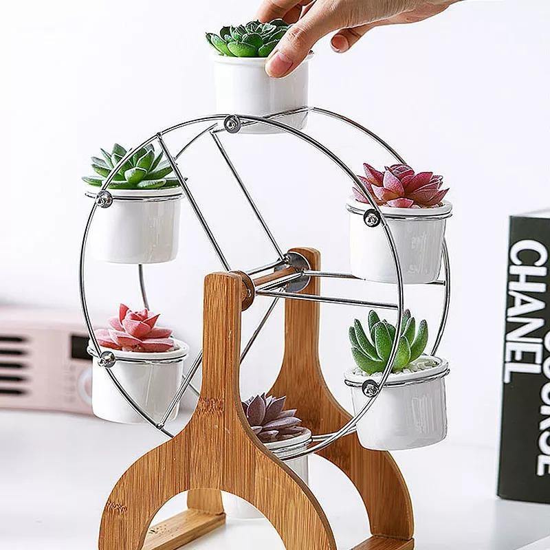 Frendorf | PlanterWheel Holz-Karussell mit Keramik Sukkulententöpfen | Stilvolle Pflanzen-Deko | Rotierende Eleganz