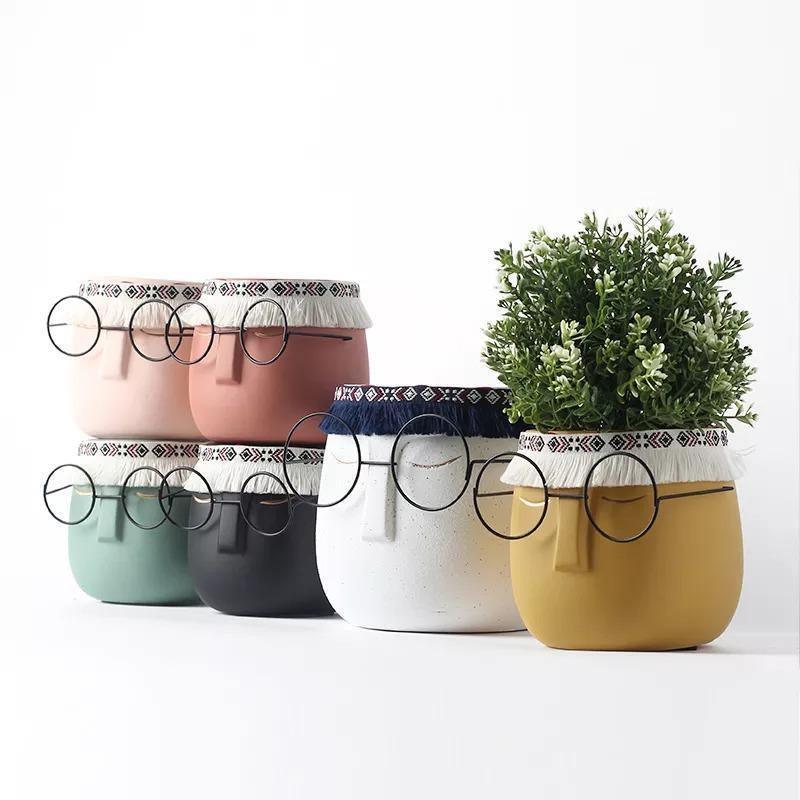 Frendorf | FaceArt Keramik Blumentopf mit Brille & Stirnband | Modernes Design | Dekorative Pflanzenvase