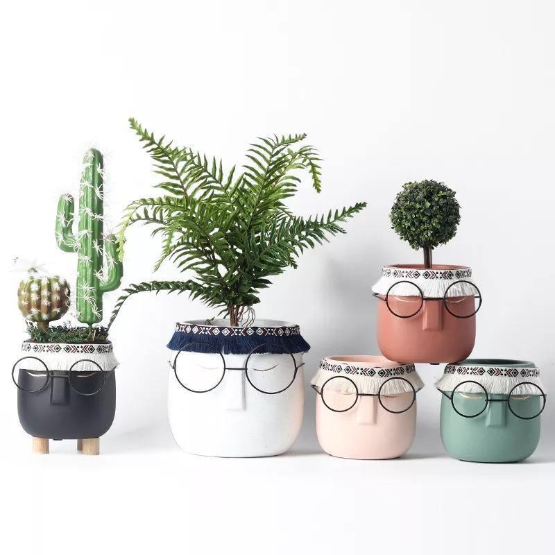 Frendorf | FaceArt Keramik Blumentopf mit Brille & Stirnband | Modernes Design | Dekorative Pflanzenvase