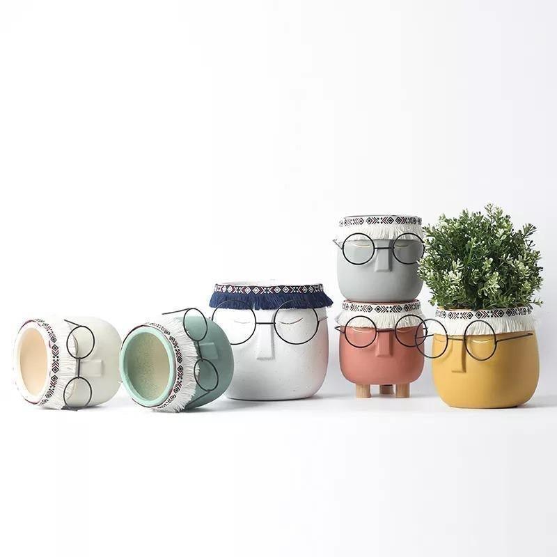 Frendorf | FaceArt Keramik Blumentopf mit Brille & Stirnband | Modernes Design | Dekorative Pflanzenvase