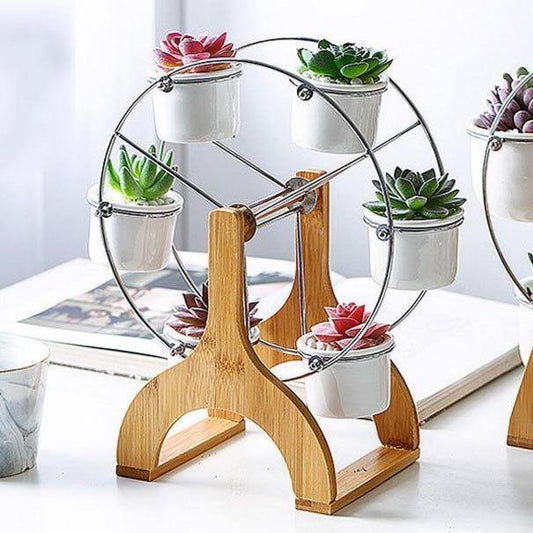 Frendorf | PlanterWheel Holz-Karussell mit Keramik Sukkulententöpfen | Stilvolle Pflanzen-Deko | Rotierende Eleganz