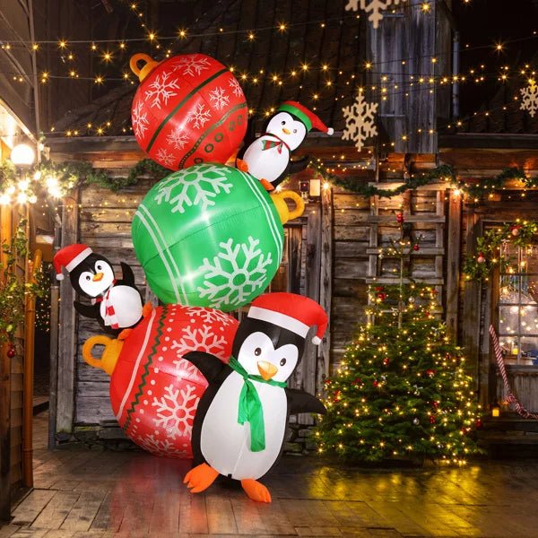 Frendorf | Aufblasbare Leuchtende Weihnachts-Pinguine & Bunte Ballon-Dekorationen – 2,7 m Festliche Pinguine & Bunte Bälle für Spaß im Garten Display