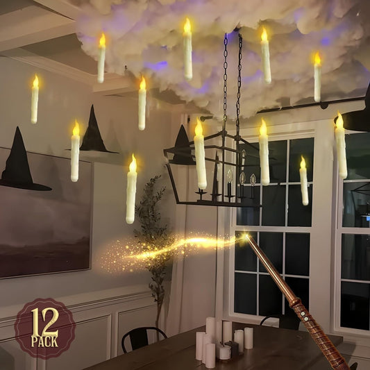 Quntis Halloween Dekorationen - Schwebende Kerzen mit Zauberstab - 12 Stück Magisches Flackerndes Warmes Licht Flameless Schwebende LED Kerzen Dekor