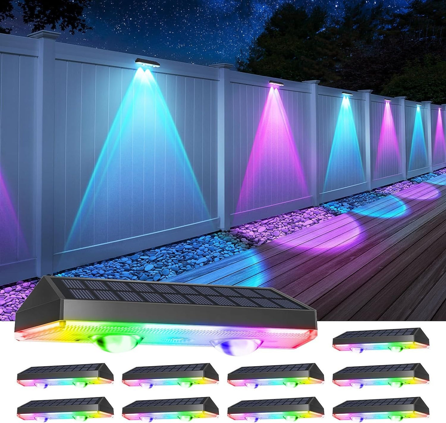 Solarzaunlichter Außen warmweiß & RGB wechselnde Solar Decklichter, LED Solarlichter für Außen Wand Geländer Terrasse Treppe Schritt Garten Hinterhof