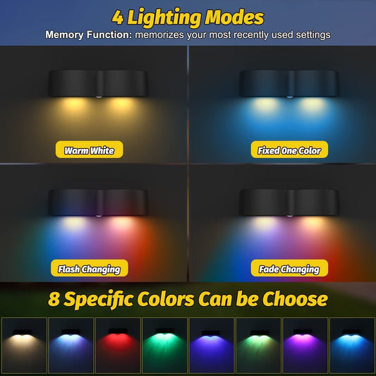 Solarzaunlichter Außeneigenwandlichter Wasserdicht IP65, Warmweiß & RGB 8 spezifische feste Farben für Zaun Wand Schritt Deck Patio