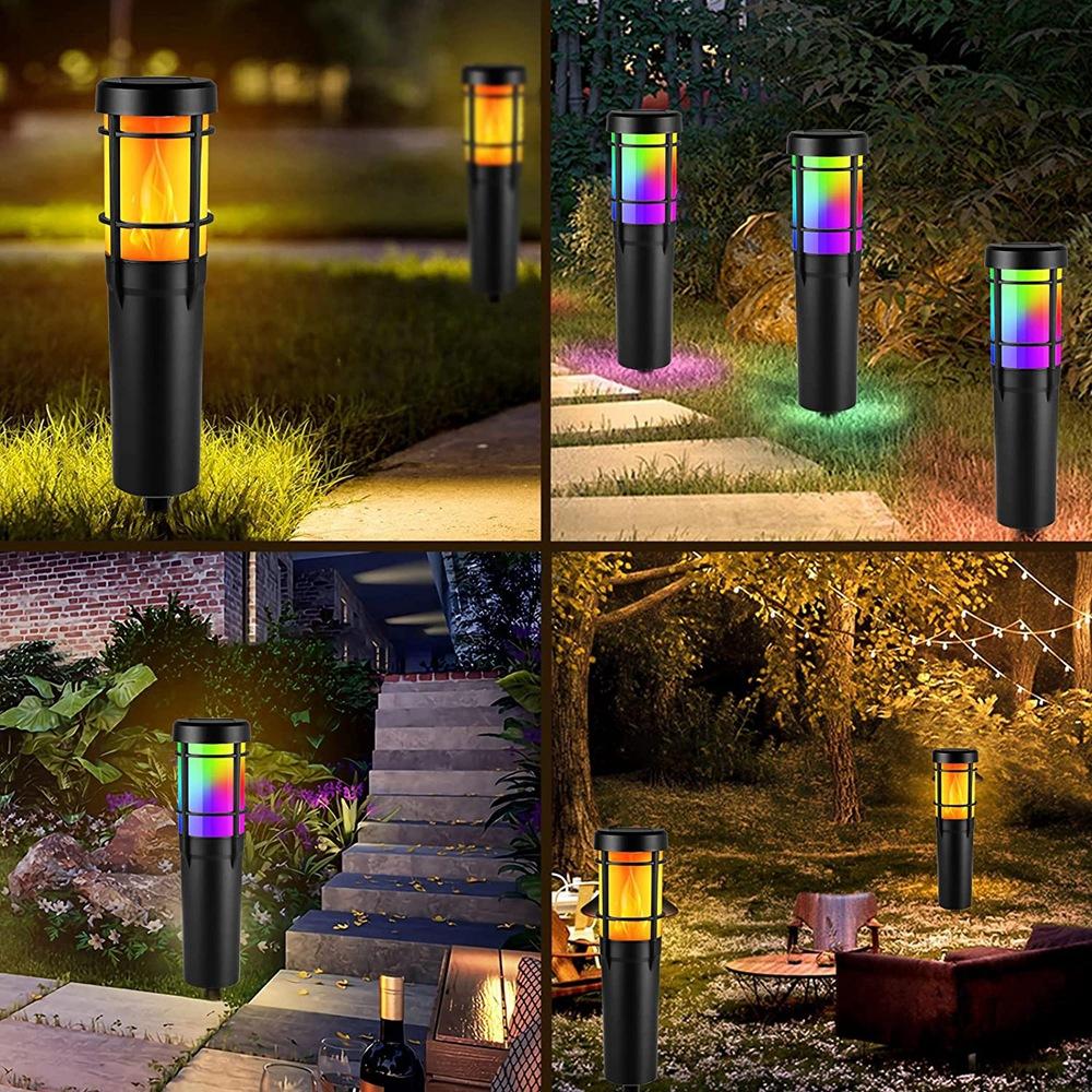 Solar-Wegeleuchten für den Außenbereich, mit flackernder Flamme und RGB-Farbwechsel, LED-Solar-Außenleuchten für Hof, Garten, Weg, Rasen - IP65 wasserdicht