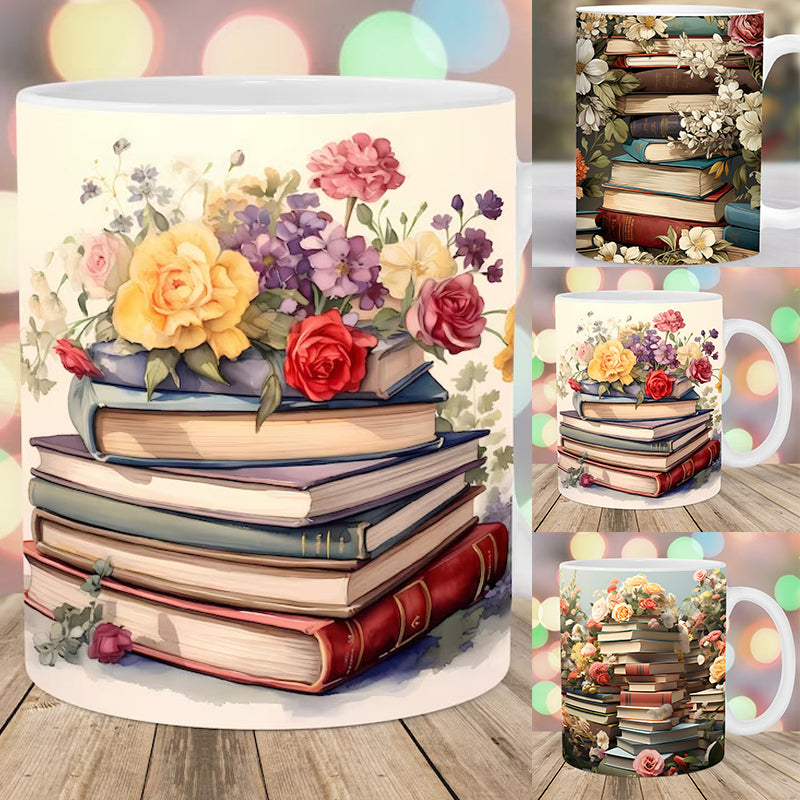 Frendorf | 3D Künstlerisch Schöne Florale Bücher Kaffeetasse - Geschenk für Bücherliebhaber