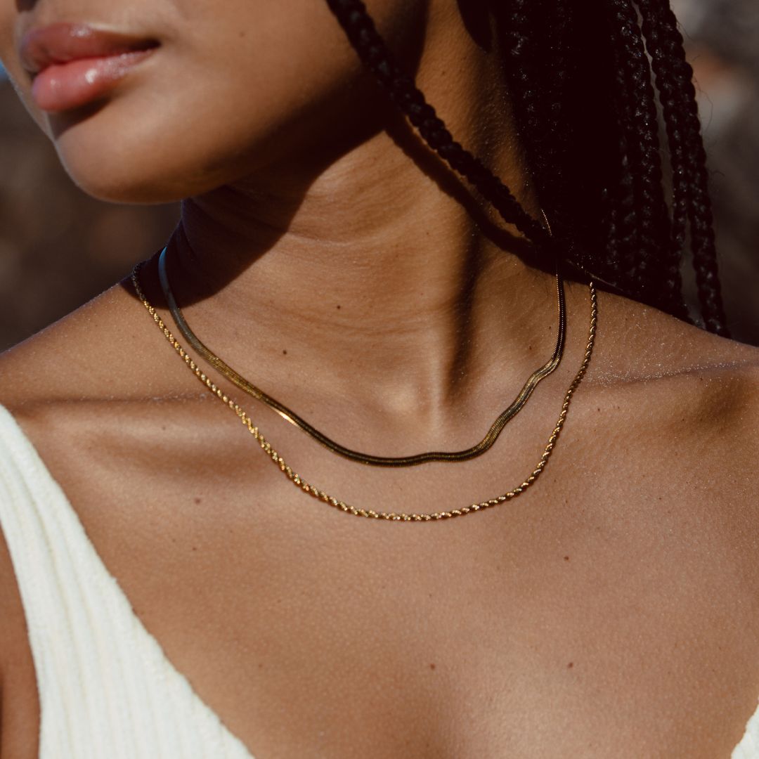 Frendorf | Damen gestaffeltes Halsband | Gold Herringbone Choker & Seil Kette | Wasserdicht
